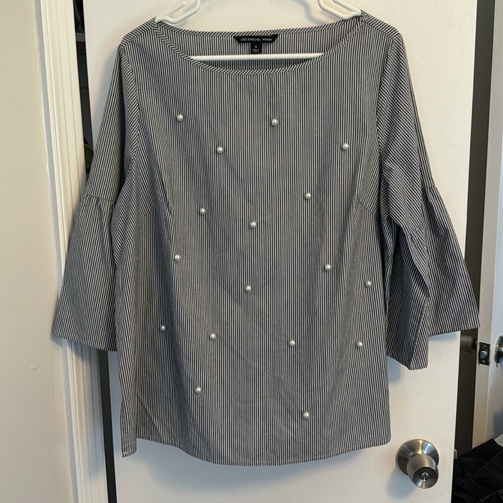 Zac & Rachel navy and white striped pearl embellished blouse size 1X